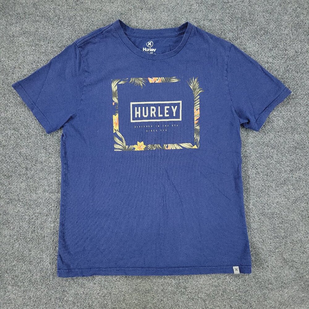 Hurley Shirt Men Small Blue Logo Floral Graphic Tee Short Sleeve Spell Out Patch